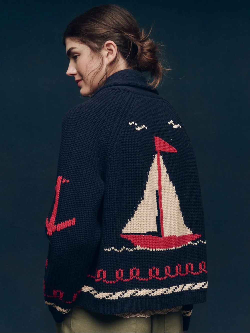 THE GREAT. Navy Cardigan with Cream and Red Sailboat Intarsia lodge - Picture 3 of 6